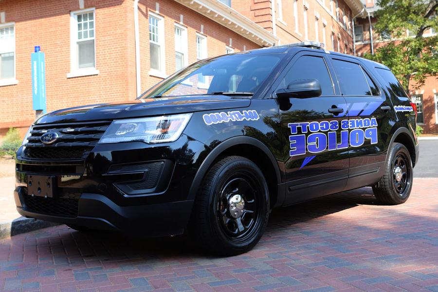 A public safety vehicle parked on campus.